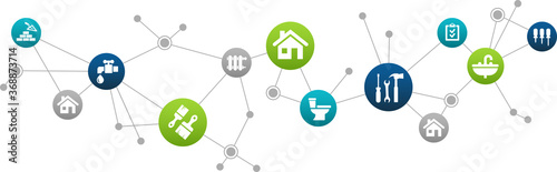 renovation / construction / repair / remodel vector illustration. Concept with connected icons related to interior design, home upgrading, diy, building work or building and plumbing.