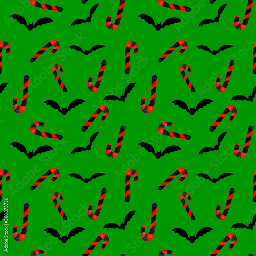 pattern on a green background Halloween  bat and sweets tube