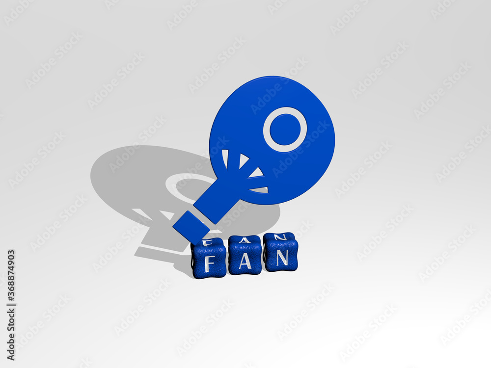 3D graphical image of fan vertically along with text built by metallic ...