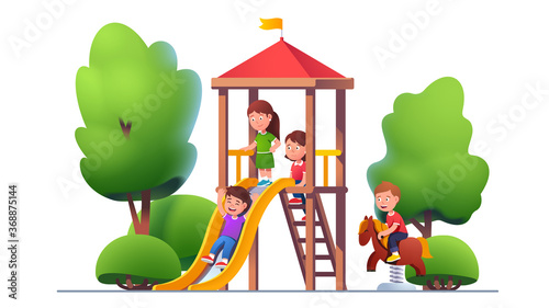 School, preschool kids play at park playground