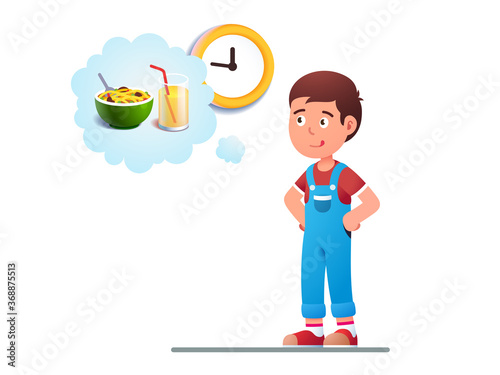 Boy kid dreaming to eat breakfast concept