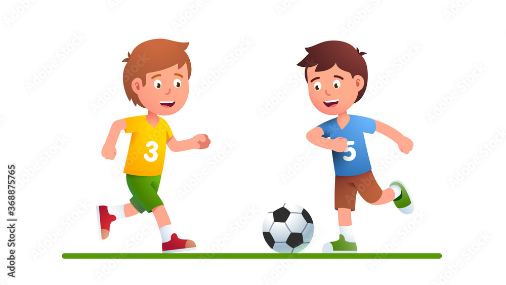 Boys playing soccer game together. Junior football