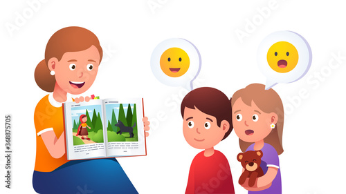Mother reading to kids and telling a story