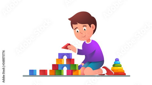 Kids playing wooden blocks building tower toy