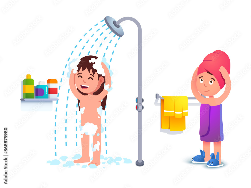 Little girl taking shower. Kid using towel Stock Vector Adobe Stock