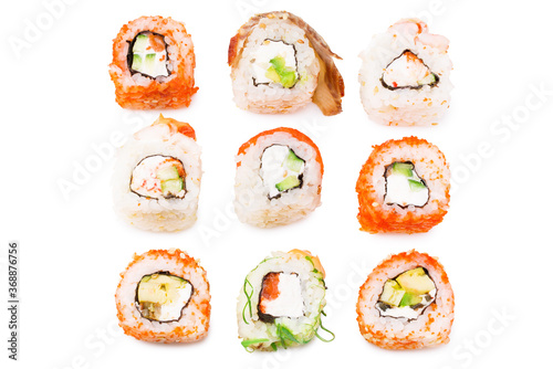 diverse delicious sushi roll set on white background. Top view