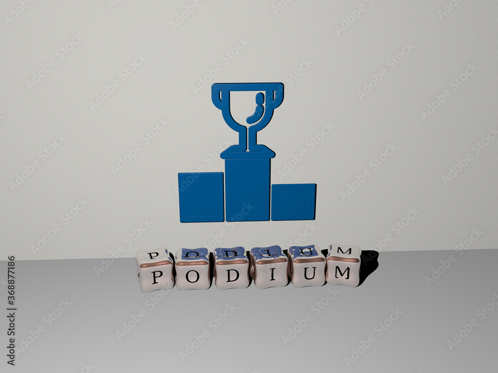 3D representation of PODIUM with icon on the wall and text arranged by metallic cubic letters on a mirror floor for concept meaning and slideshow presentation. illustration and background 3D representation of PODIUM with icon on the wall and text arranged by metallic cubic letters on a mirror floor for concept meaning and slideshow presentation. illustration and background