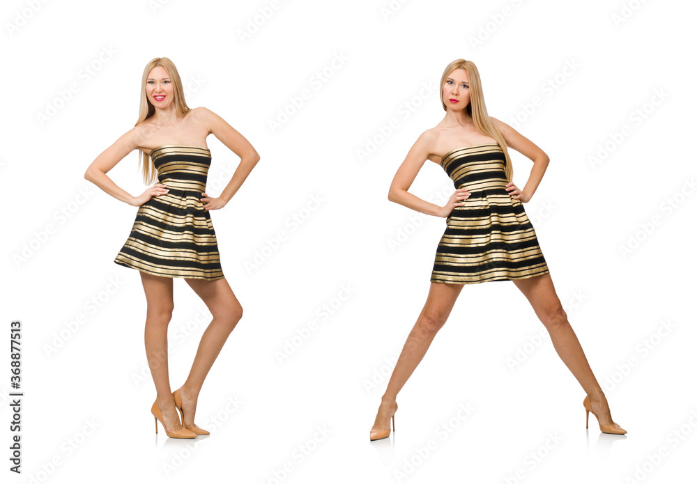 Beautiful girl in gold and black dress isolated on white Beautiful girl in gold and black dress isolated on white