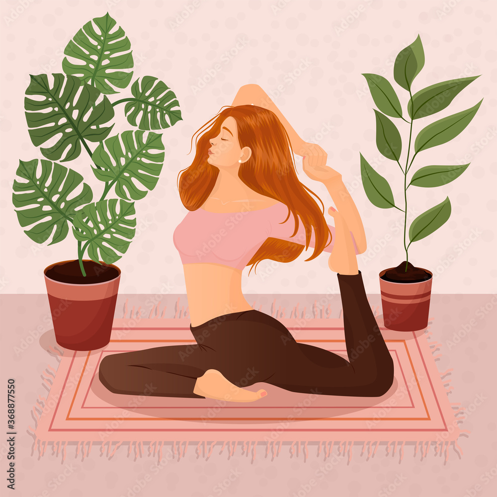 Vector illustration of a red-haired girl doing yoga at home on the background of pots with flowers and leaves. The concept of yoga, meditation, sports, healthy lifestyle, yoga poses, asana. Vector illustration of a red-haired girl doing yoga at home on the background of pots with flowers and leaves. The concept of yoga, meditation, sports, healthy lifestyle, yoga poses, asana.