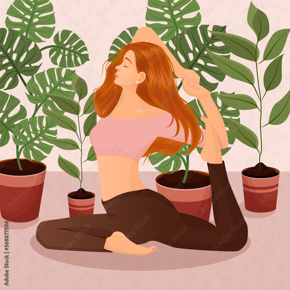 Vector illustration of a red-haired girl doing yoga at home on the background of pots with flowers and leaves. The concept of yoga, meditation, sports, healthy lifestyle, yoga poses, asana. Vector illustration of a red-haired girl doing yoga at home on the background of pots with flowers and leaves. The concept of yoga, meditation, sports, healthy lifestyle, yoga poses, asana.