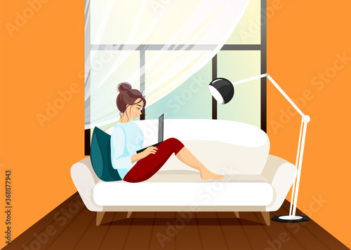 Work from home. COVID-19 virus. People work at home to prevent virus infection. Woman working on the couch. Sofa. Girl works on a laptop . Freelance, remote work, job