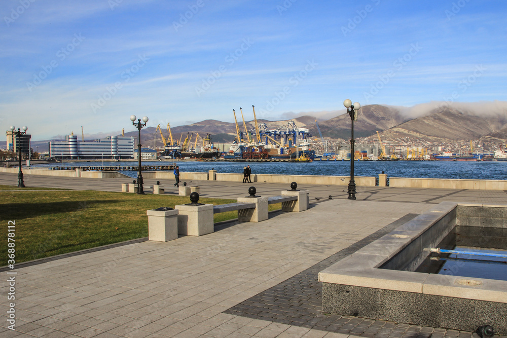 09.12.2012, Novorossiysk, Russia. Cityscape of historical Russian town at sunny day. 09.12.2012, Novorossiysk, Russia. Cityscape of historical Russian town at sunny day.