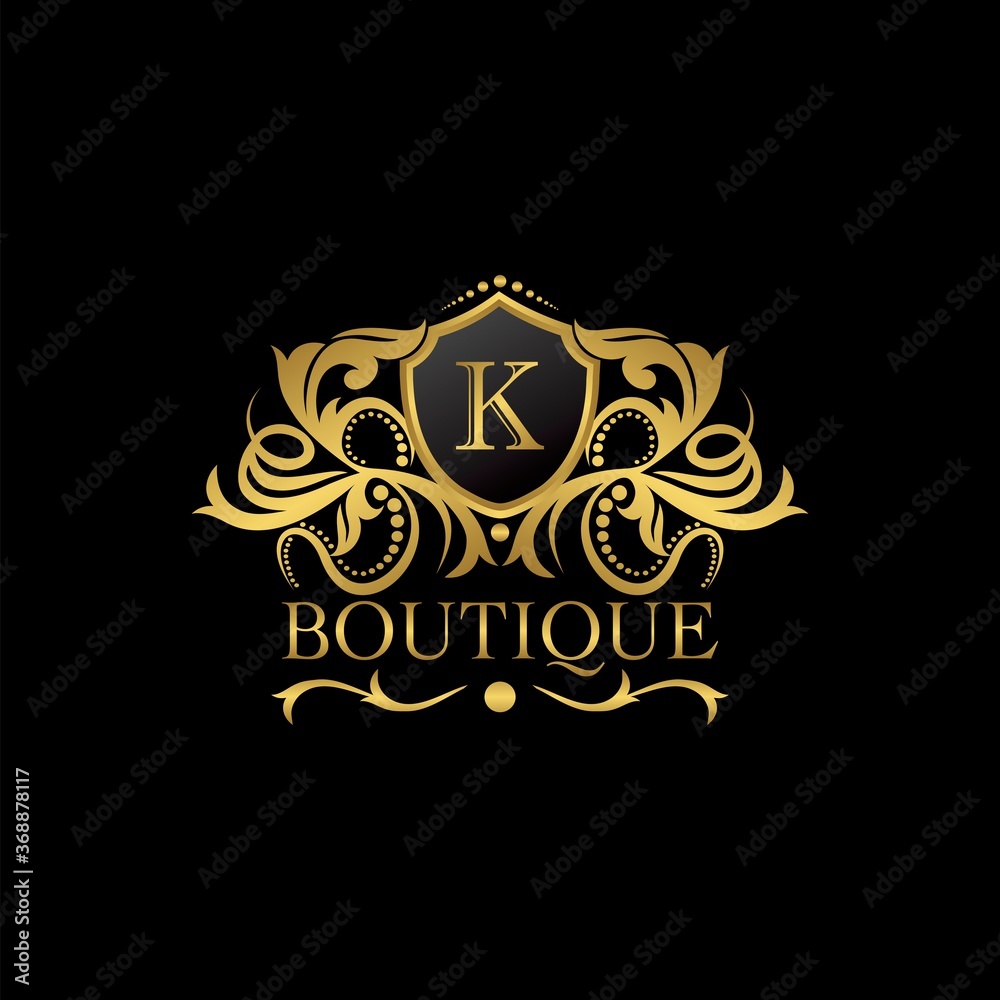 Golden Luxury Boutique K Letter Logo template in vector design for Decoration, Restaurant, Royalty, Boutique, Cafe, Hotel, Heraldic, Jewelry, Fashion and other illustration Golden Luxury Boutique K Letter Logo template in vector design for Decoration, Restaurant, Royalty, Boutique, Cafe, Hotel, Heraldic, Jewelry, Fashion and other illustration