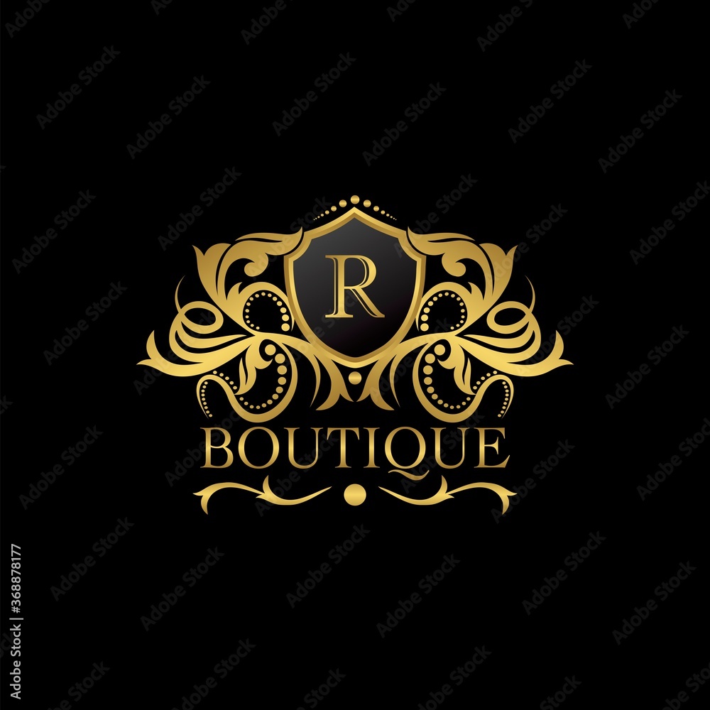 Golden Luxury Boutique R Letter Logo template in vector design for Decoration, Restaurant, Royalty, Boutique, Cafe, Hotel, Heraldic, Jewelry, Fashion and other illustration