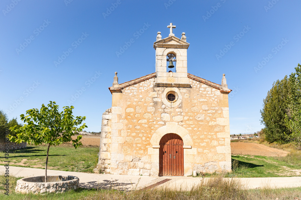 old Hermitage of Brazacorta village next to the cemetery, province of Burgos, Castile and Leon, Spain 