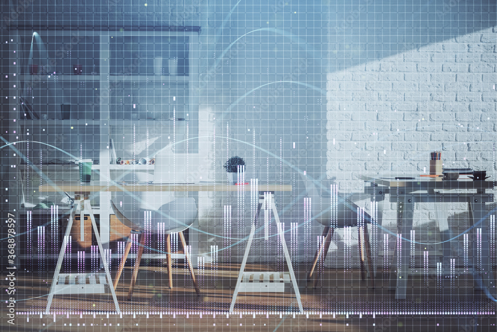 Naklejka premium Double exposure of financial graph drawing and office interior background. Concept of stock market.