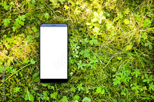 Black smartphone with isolated screen on grass background. Mockup.
