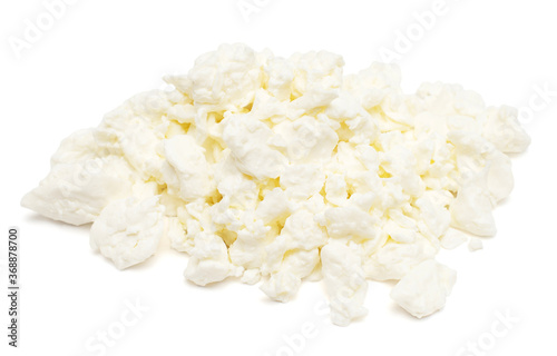 Cottage cheese isolated on white background. Milk product, curd heap. Flat lay, top view