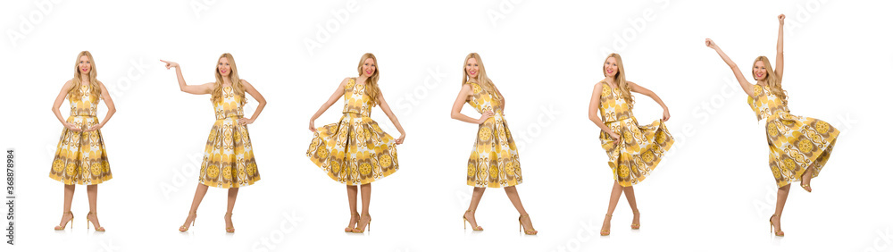 Pretty girl in yellow floral dress isolated on white