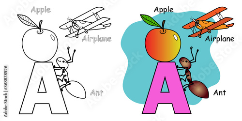 English alphabet coloring book for children. Letter A.