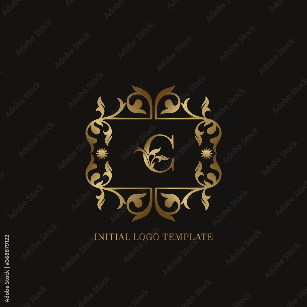 Gold C Initial logo. Frame emblem ampersand deco ornament monogram luxury logo template for wedding or more luxuries identity