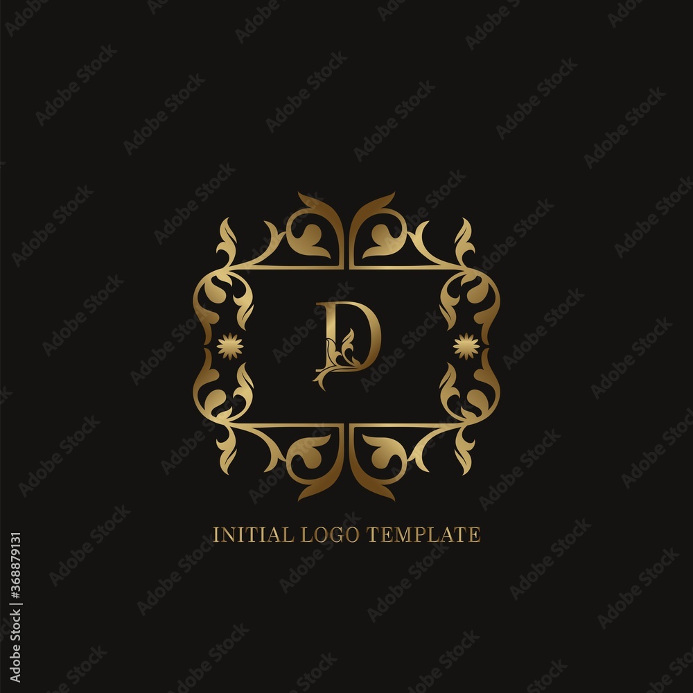 Gold D Initial logo. Frame emblem ampersand deco ornament monogram luxury logo template for wedding or more luxuries identity