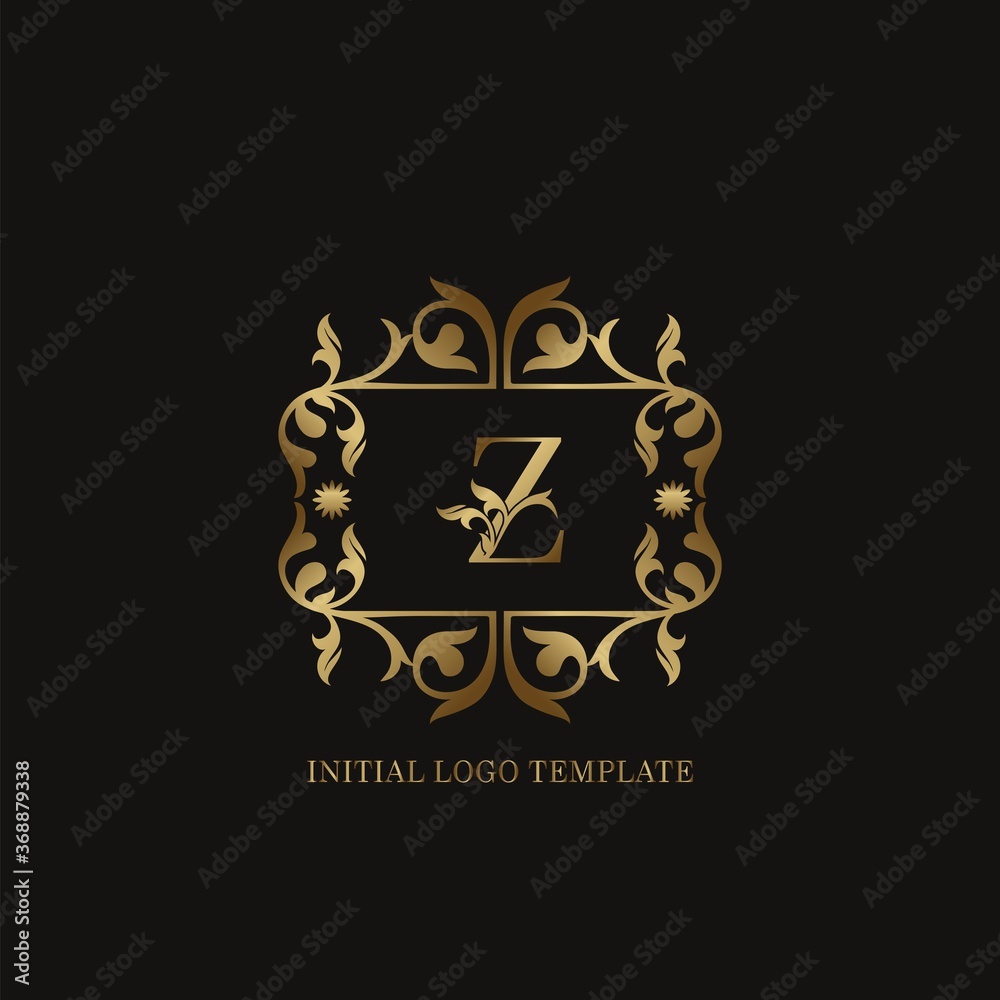 Gold Z Initial logo. Frame emblem ampersand deco ornament monogram luxury logo template for wedding or more luxuries identity