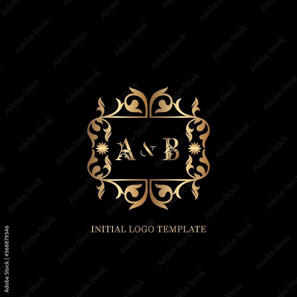 Gold AB Initial logo. Frame emblem ampersand deco ornament monogram luxury logo template for wedding or more luxuries identity
