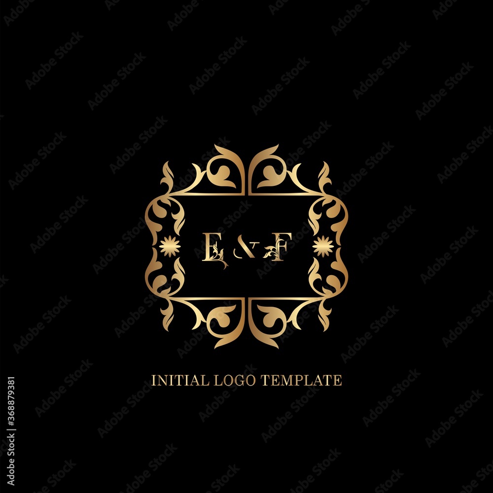 Gold EF Initial logo. Frame emblem ampersand deco ornament monogram luxury logo template for wedding or more luxuries identity