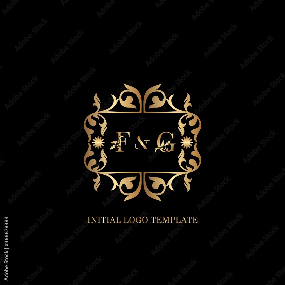 Gold FG Initial logo. Frame emblem ampersand deco ornament monogram luxury logo template for wedding or more luxuries identity