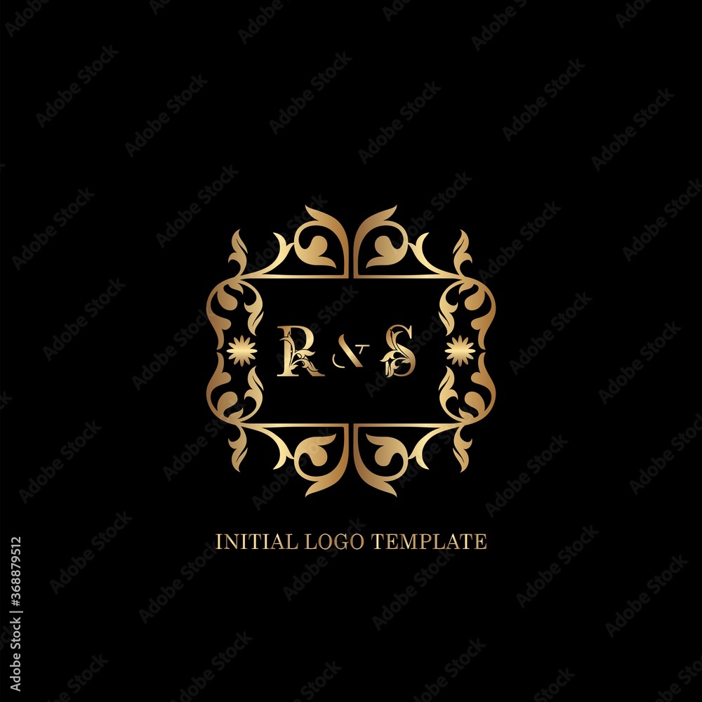 Gold RS Initial logo. Frame emblem ampersand deco ornament monogram luxury logo template for wedding or more luxuries identity