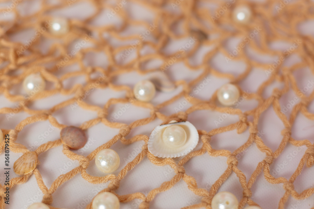 background texture fishing net with shells starfish and pearls background texture fishing net with shells starfish and pearls
