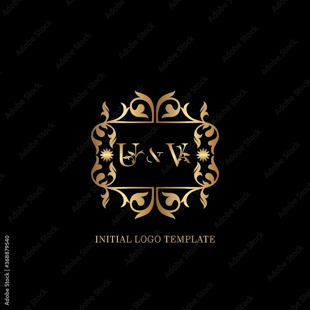 Gold UV Initial logo. Frame emblem ampersand deco ornament monogram luxury logo template for wedding or more luxuries identity