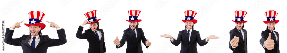 Man with american flag isolated on white Man with american flag isolated on white