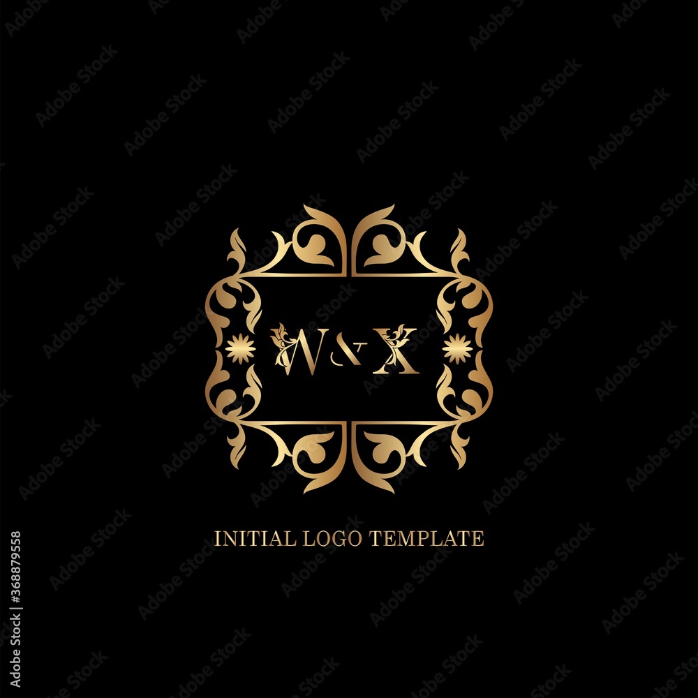 Gold WX Initial logo. Frame emblem ampersand deco ornament monogram luxury logo template for wedding or more luxuries identity