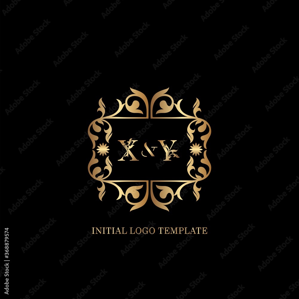 Gold XY Initial logo. Frame emblem ampersand deco ornament monogram luxury logo template for wedding or more luxuries identity