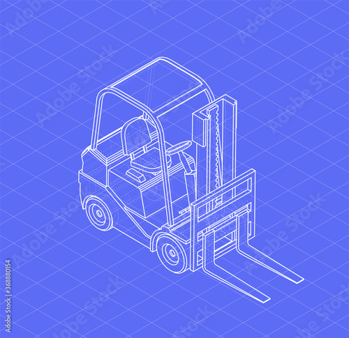 Isometric forklift sketch. 3d vector wireframe style. Outline blueprint of forklift. Vehicle drawing