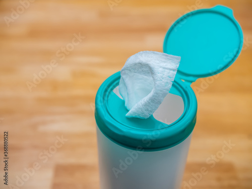 Disposable hand sanitizer disinfectant wipes. Anti bacterial cleaning wipes used for preventing the spread of the Coronavirus during the COVID-19 pandemic.