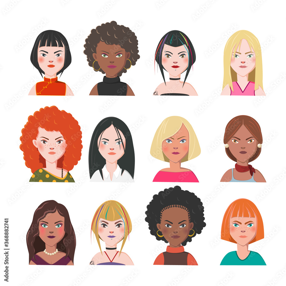 Set of Woman Avatars. Twelve Characters from Different Subcultures and Social Strata. Angry Beautiful women. Diversity of Cultures. Vector Illustration. Set of Woman Avatars. Twelve Characters from Different Subcultures and Social Strata. Angry Beautiful women. Diversity of Cultures. Vector Illustration.