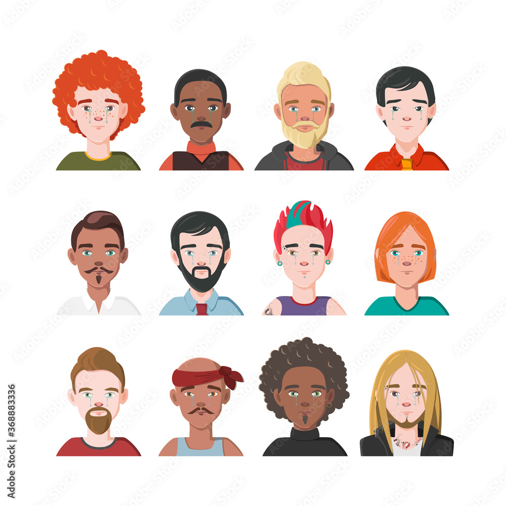 Set of Men Avatars. Twelve Characters from Different Subcultures and Social Strata. Crying Sad Beautiful Men. Diversity of Cultures. Vector Illustration. Set of Men Avatars. Twelve Characters from Different Subcultures and Social Strata. Crying Sad Beautiful Men. Diversity of Cultures. Vector Illustration.