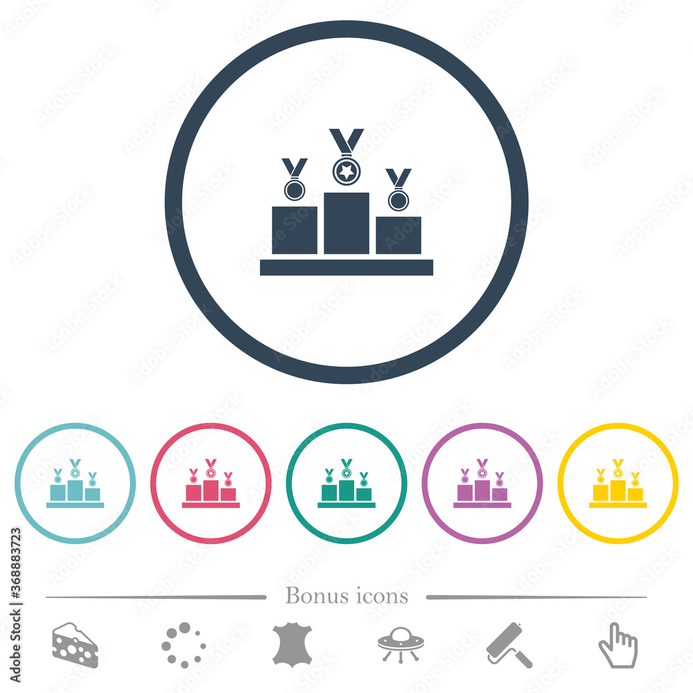 Winner podium with awards flat color icons in round outlines Winner podium with awards flat color icons in round outlines