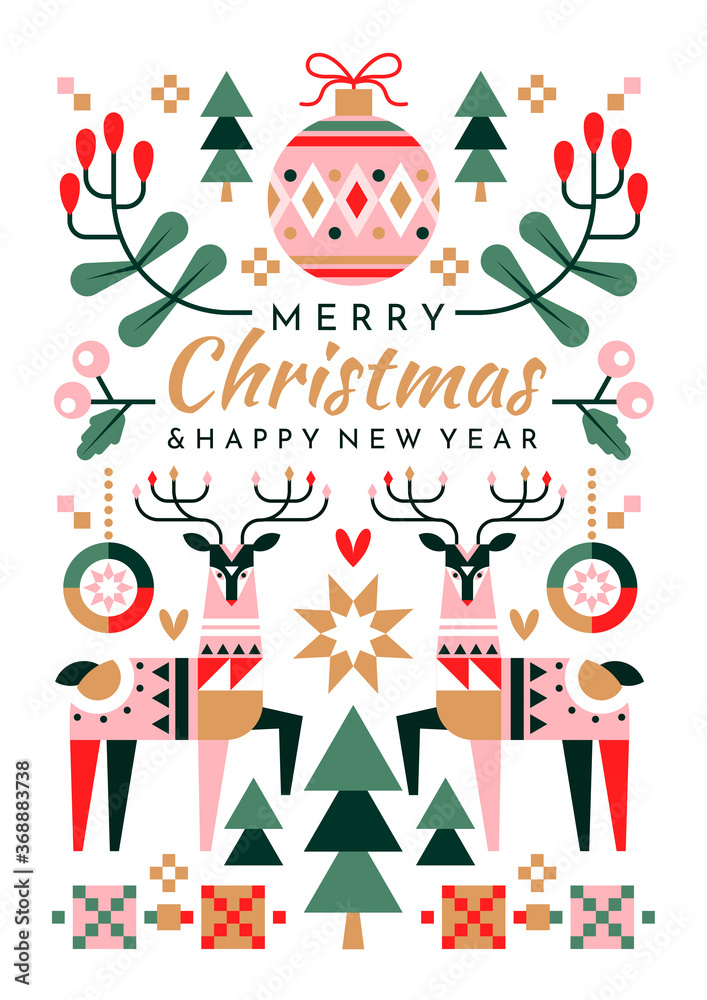 Colorful festive Christmas Greeting Card design with central text surrounded by ornaments, holly and reindeer, colored vector illustration