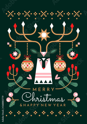 Festive Christmas Greeting Card design with holly and a central stylised reindeer with ornaments on its antlers above seasonal text, colored vector illustration