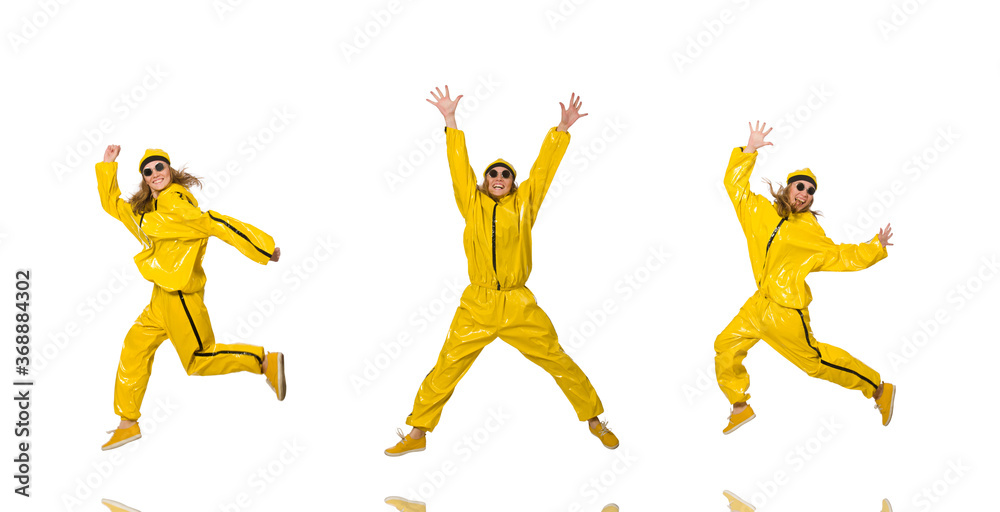 Woman in yellow suit isolated on white