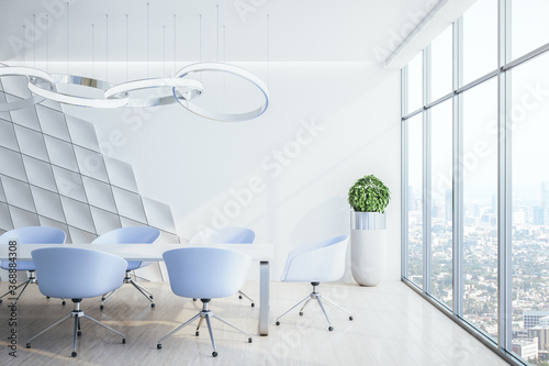 Contemporary conference office interior with blank wall and panoramic city view. © Who is Danny