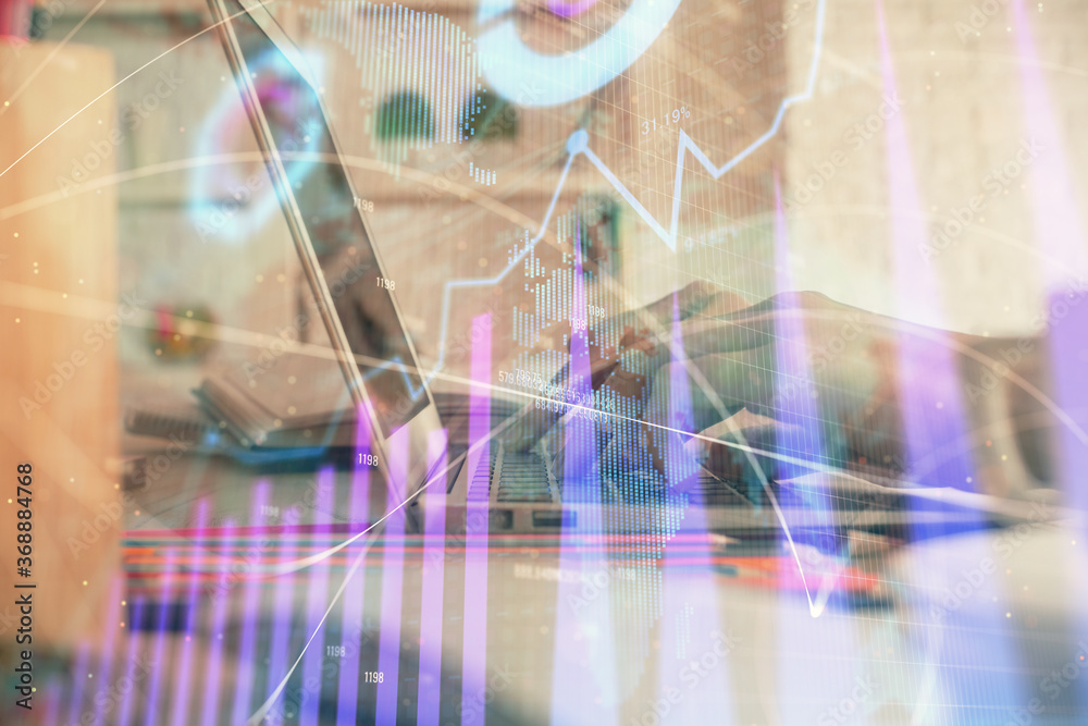 Double exposure of woman hands typing on computer and forex chart hologram drawing. Stock market invest concept. Double exposure of woman hands typing on computer and forex chart hologram drawing. Stock market invest concept.
