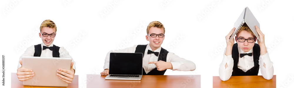 Smart student sitting with laptop isolated on white