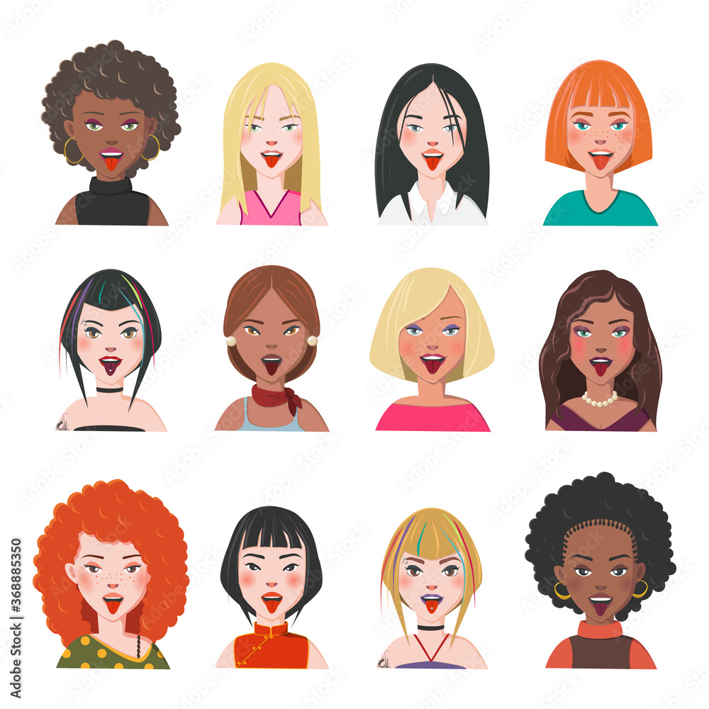 Set of Woman Avatars. Twelve Characters from Different Subcultures and Social Strata. Blep Beautiful women. Diversity of Cultures. Vector Illustration. Set of Woman Avatars. Twelve Characters from Different Subcultures and Social Strata. Blep Beautiful women. Diversity of Cultures. Vector Illustration.
