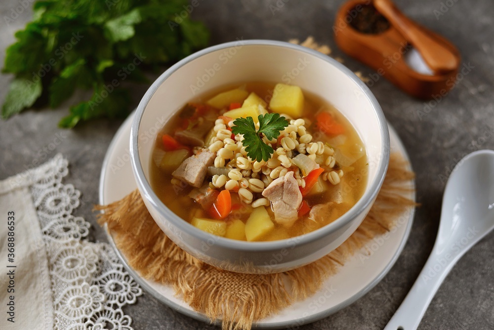 Healthy sprouted mung bean soup with potatoes, carrots, cilantro and turkey breast. Organic food. Healthy sprouted mung bean soup with potatoes, carrots, cilantro and turkey breast. Organic food.