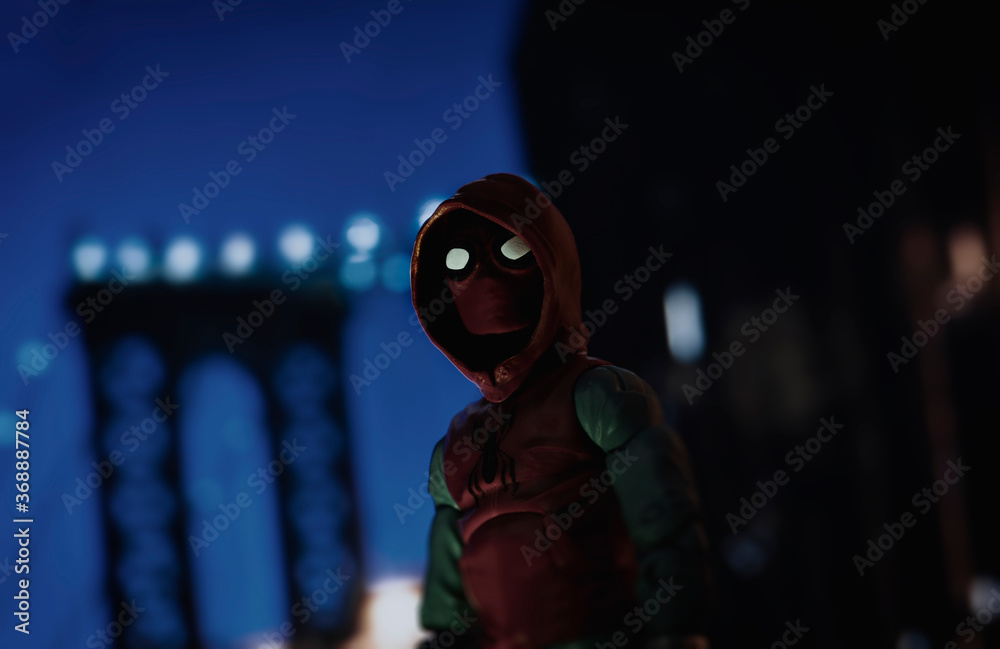 Obraz premium NEW YORK USA - AUGUST 2 2020: Scene with Marvel comic superhero Spiderman Far From Home - Hasbro Marvel Legends figure